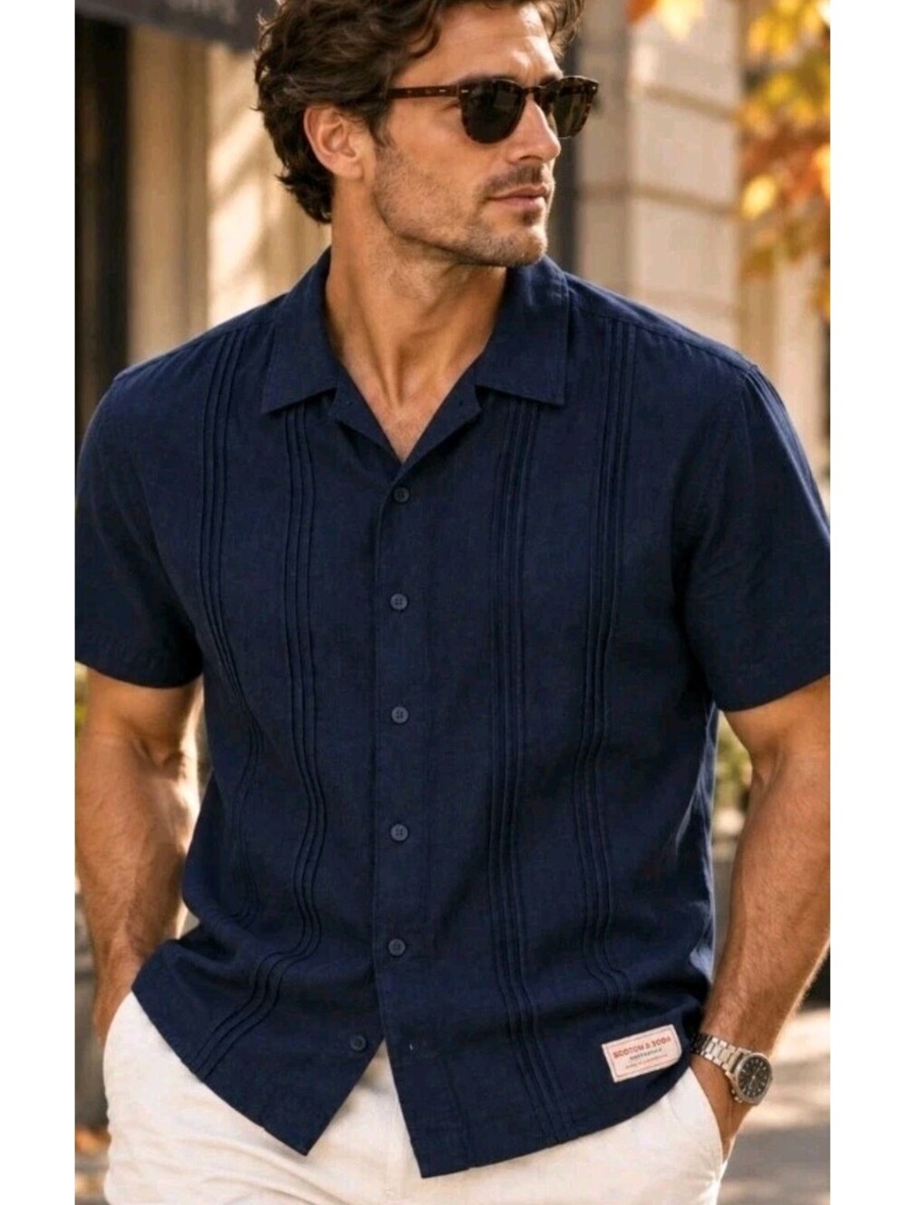 Scotch & Soda Mens XL Solid Blue Short Sleeve Button-Up Point Collar Linen